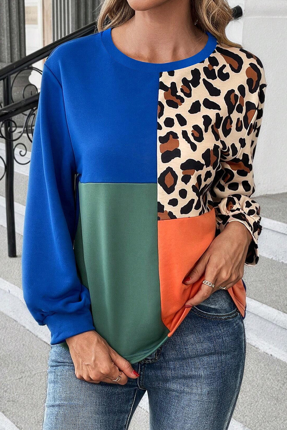 Dark Blue Leopard Print Colorblock Long Sleeve Top