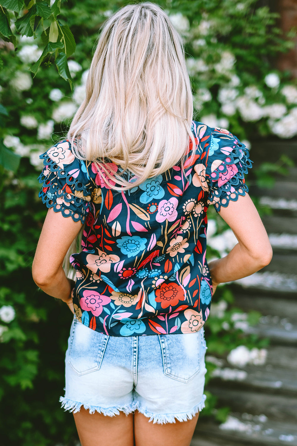 Green Trimmed Ruffle Sleeve Summer Floral Blouse