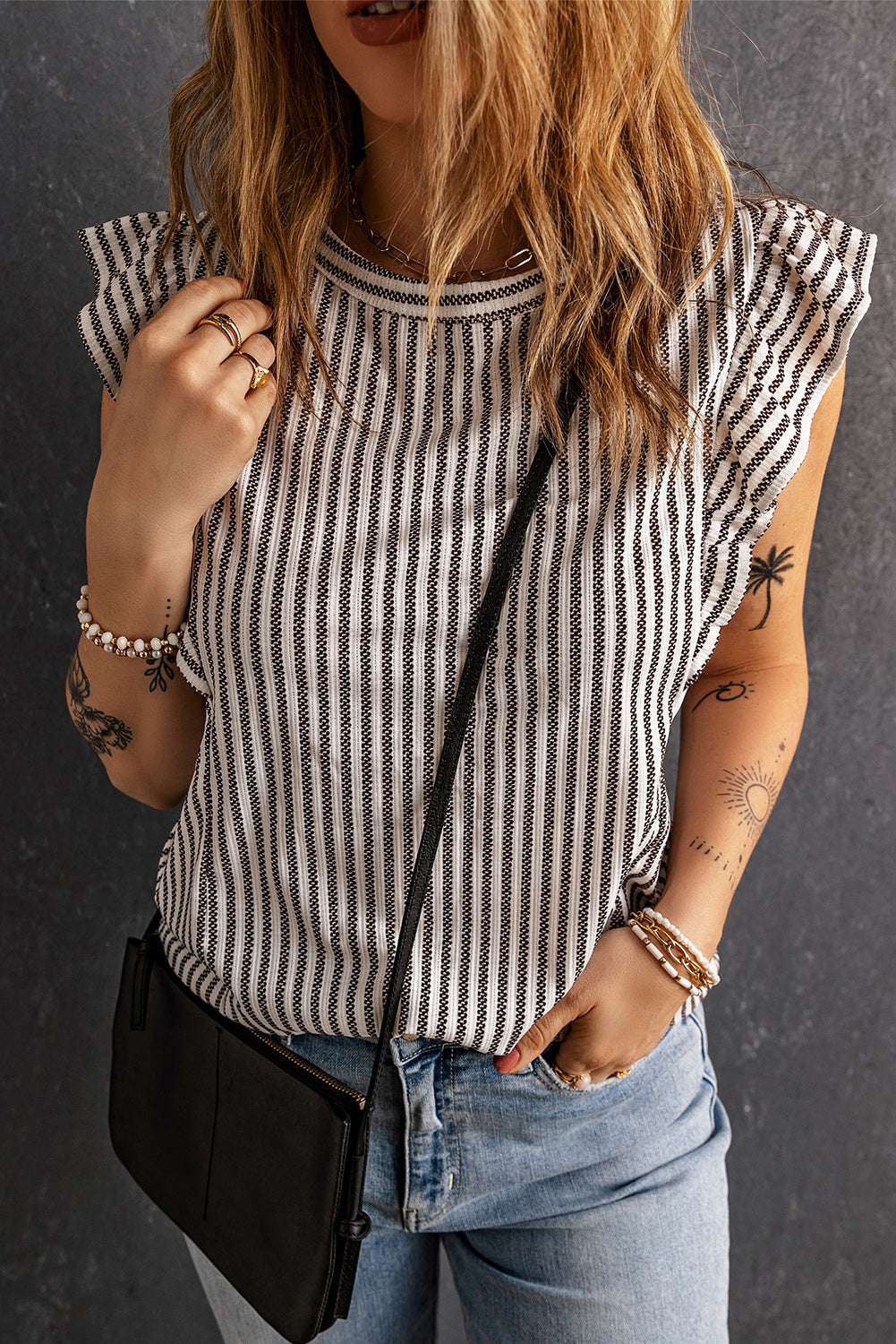 Gray Crew Neck Ruffled Striped Tank Top