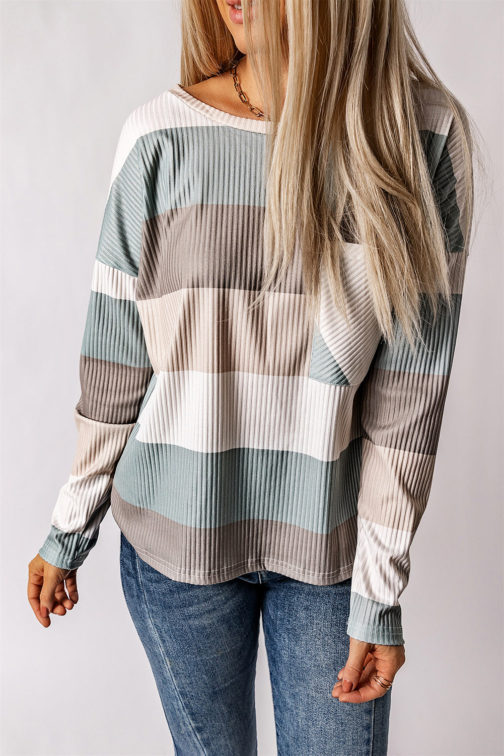 Green Color Block Ribbed Long Sleeve Top with Pocket