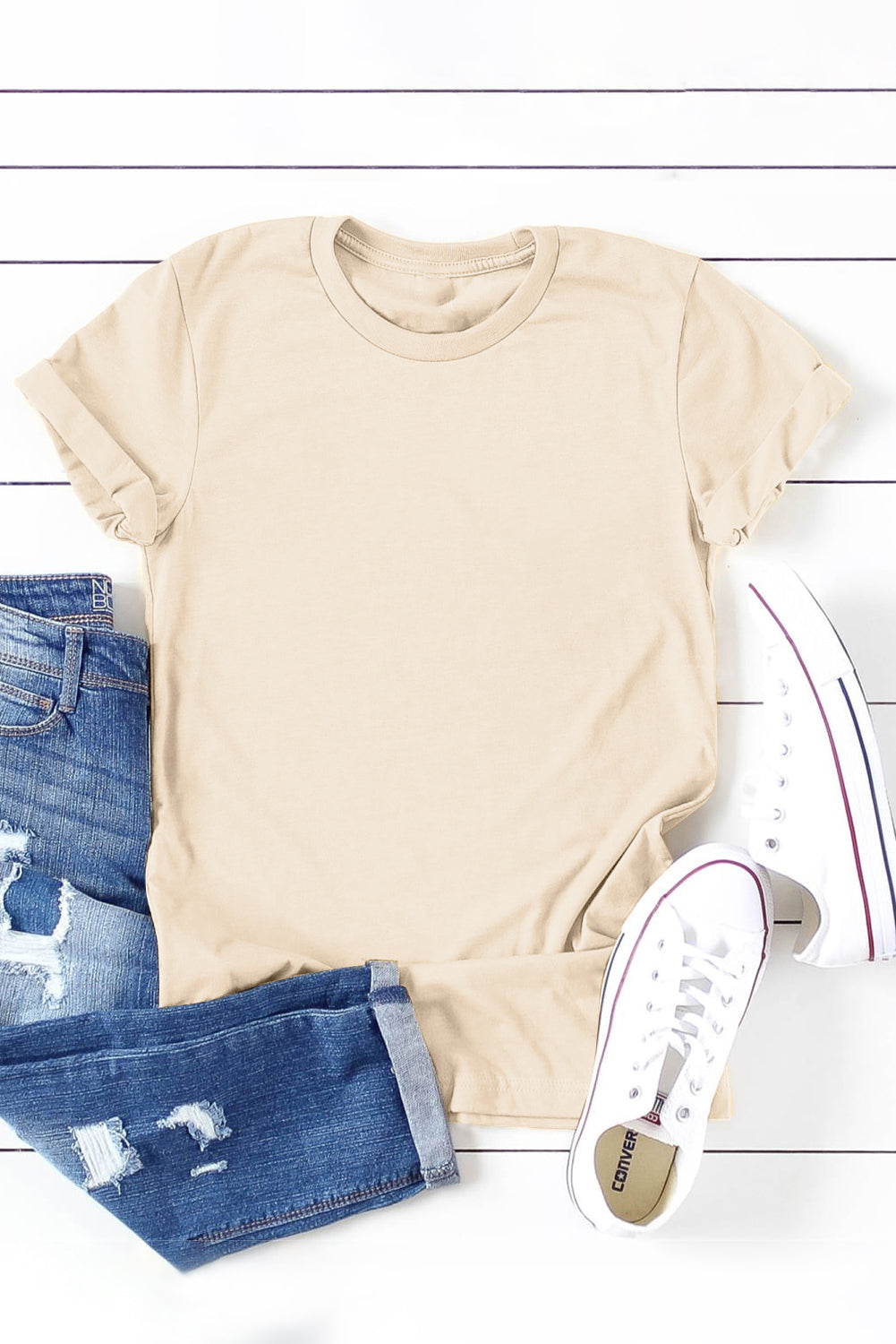 Khaki Solid Color Crew Neck Tee