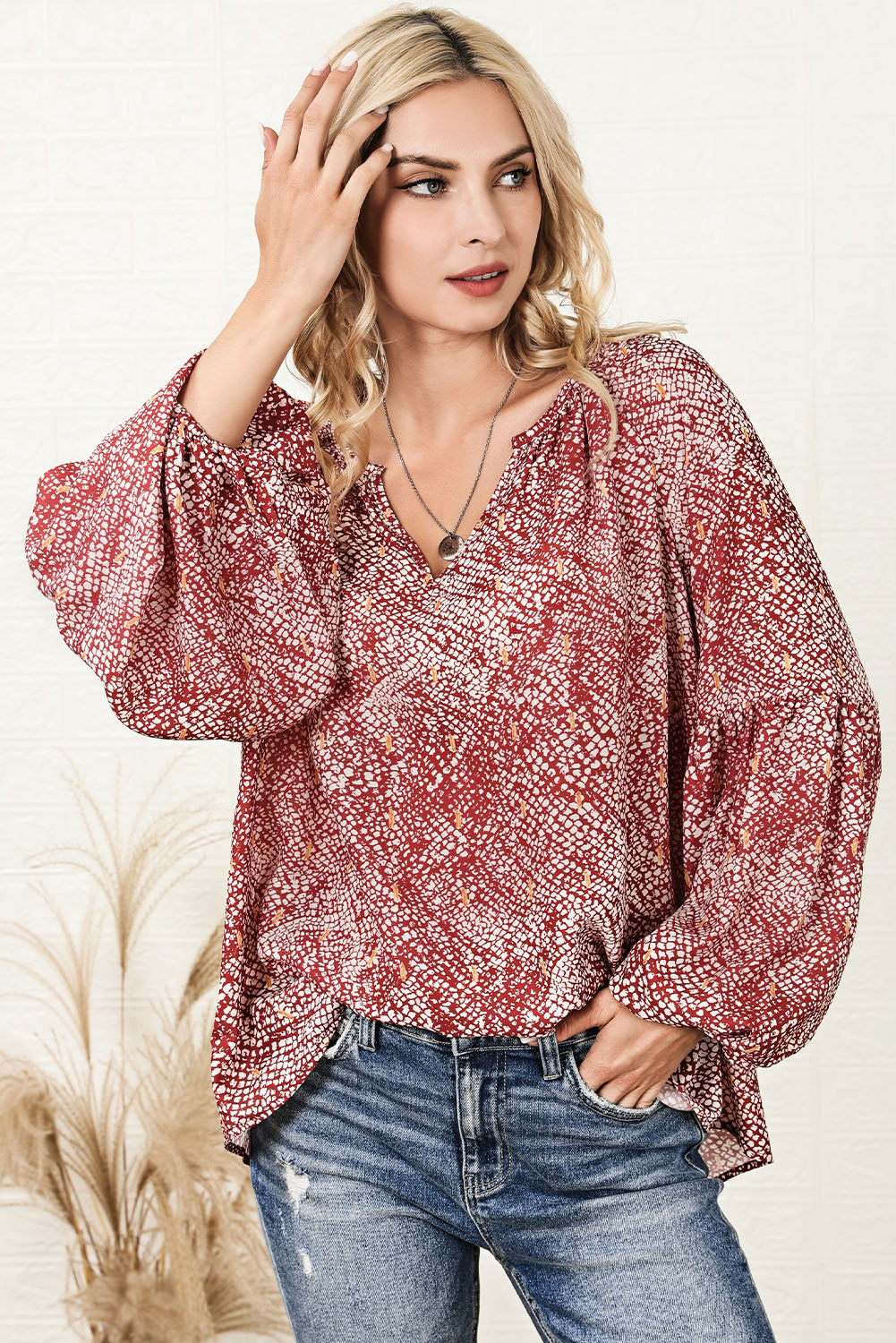 Fiery Red Pleated Lantern Sleeve Abstract Print Blouse