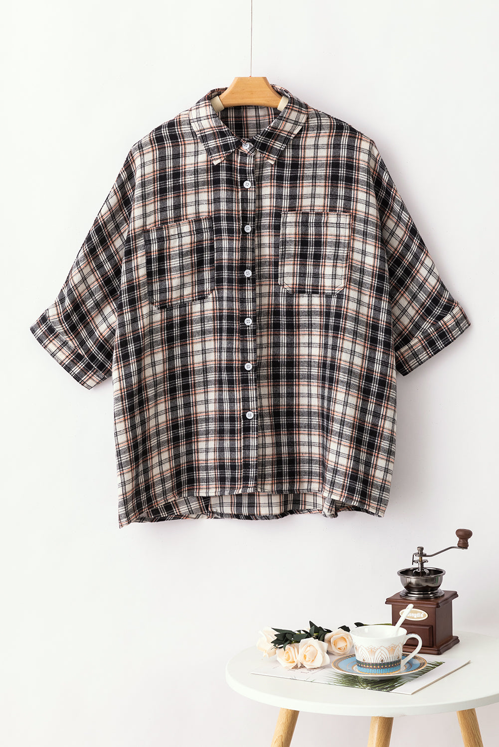 Black Plaid Print Chest Pockets Oversize Shirt