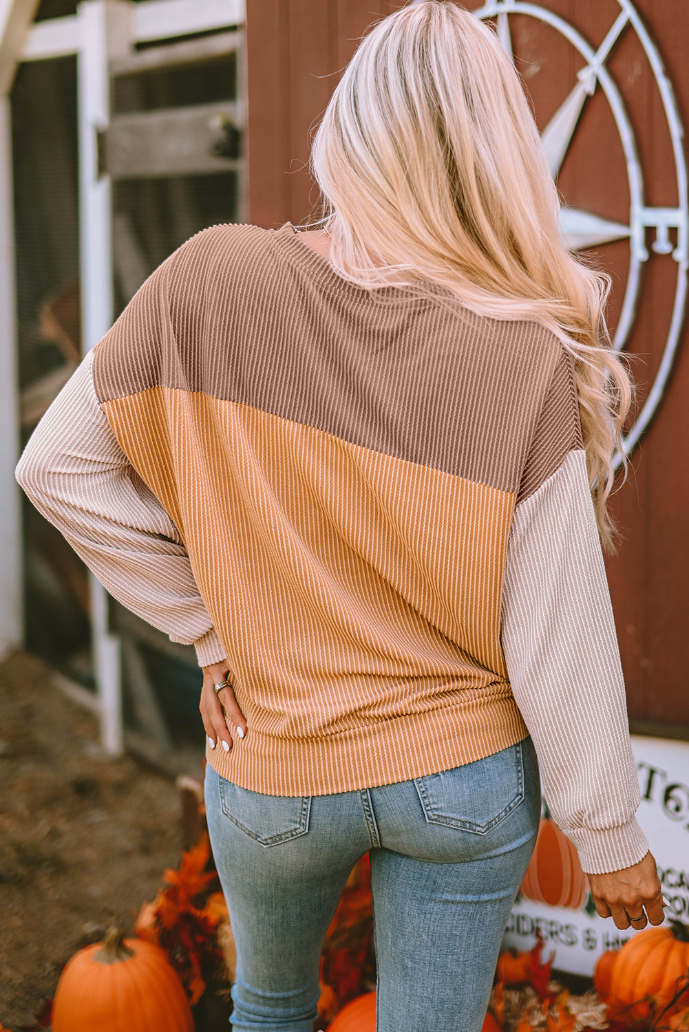 Khaki Color Block Long Sleeve Ribbed Loose Top