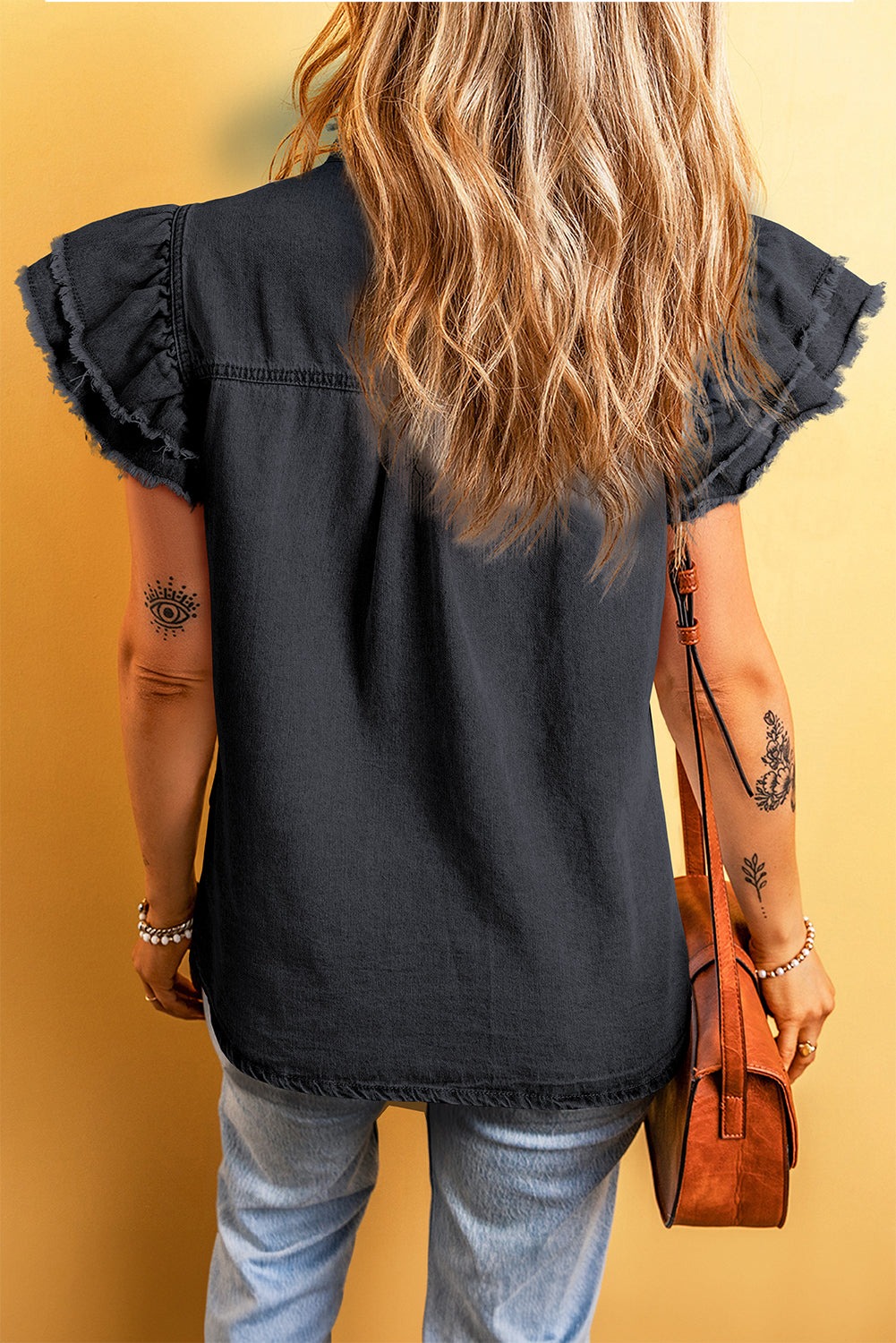 Black Button Front Ruffled Flutter Frayed Denim Top