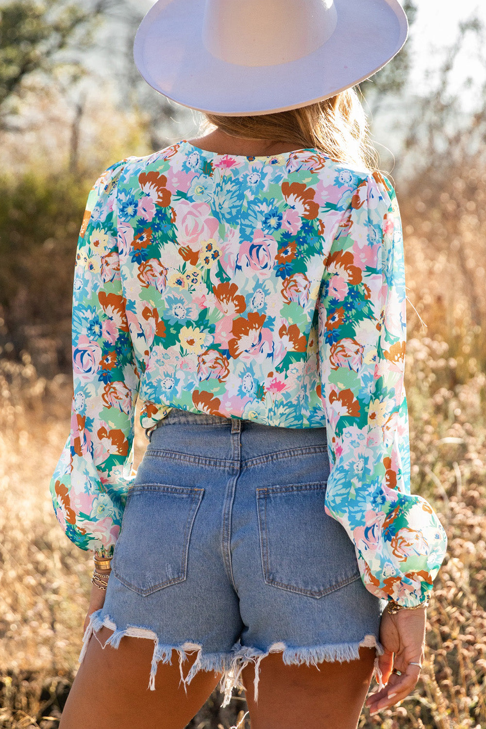 Sky Blue Floral Print Wrap Long Sleeve Bodysuit