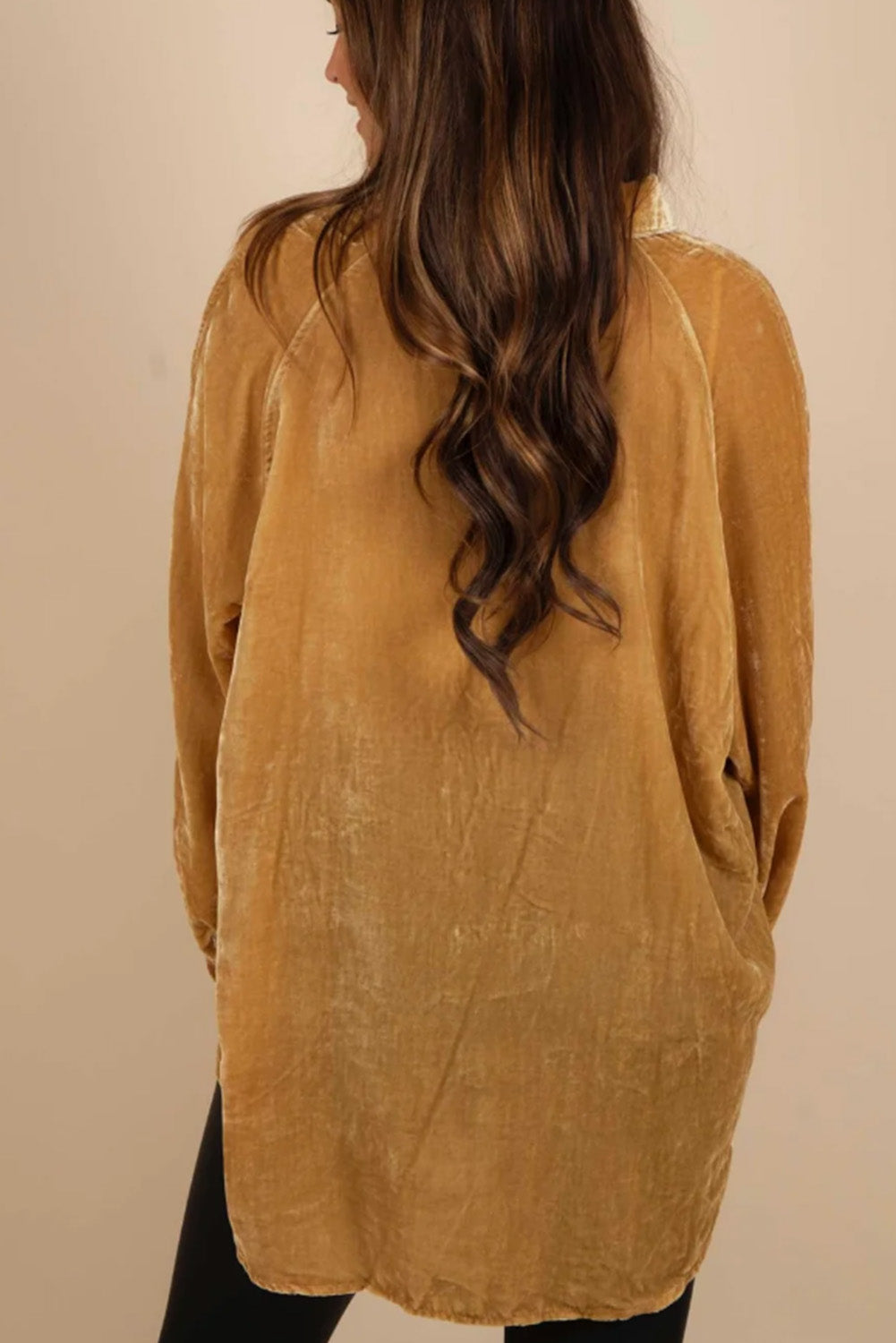 Gold Solid Color Button Up Loose Fit Velvet Shirt