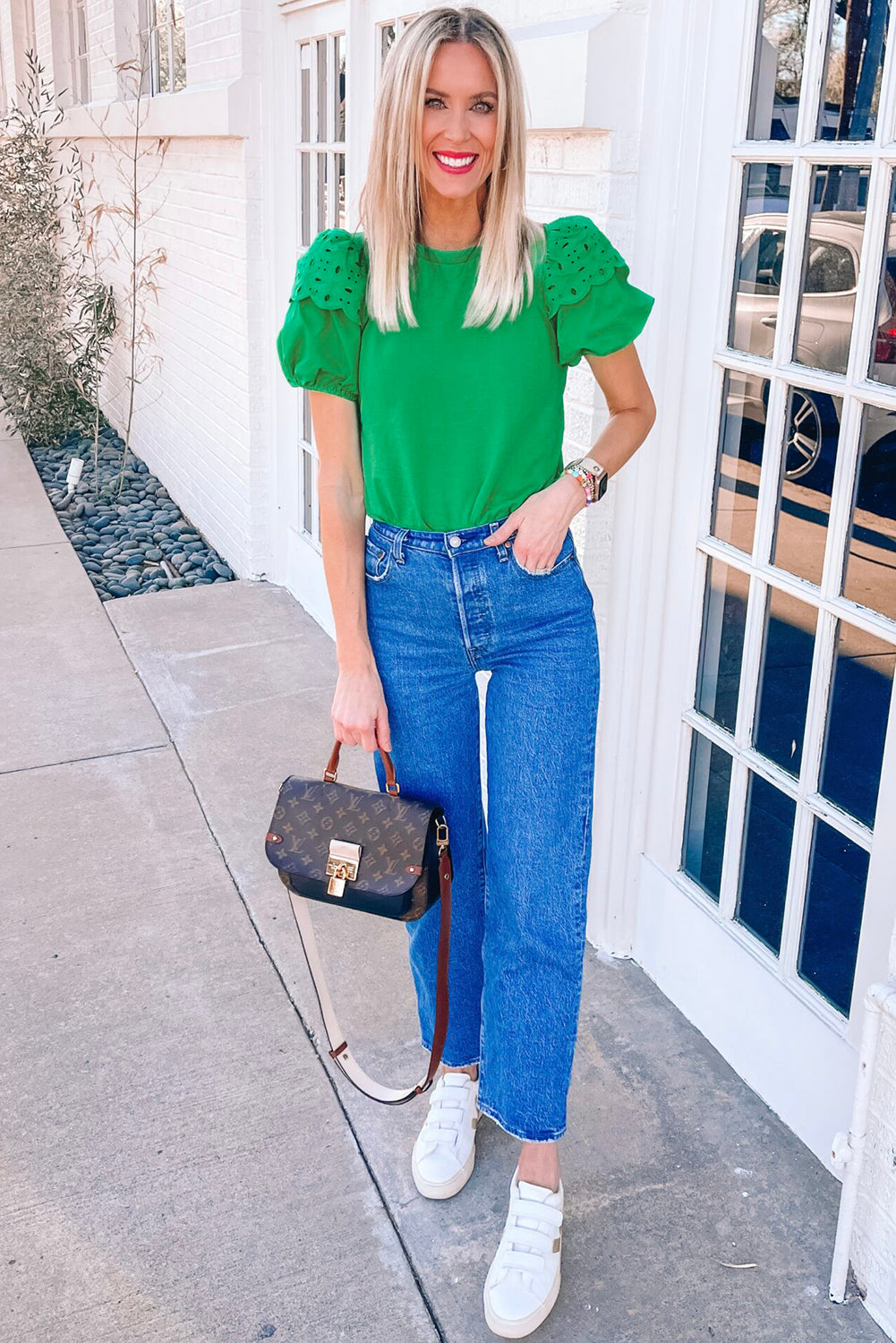 Bright Green Anglaise Embroidered Puff Short Sleeve Top