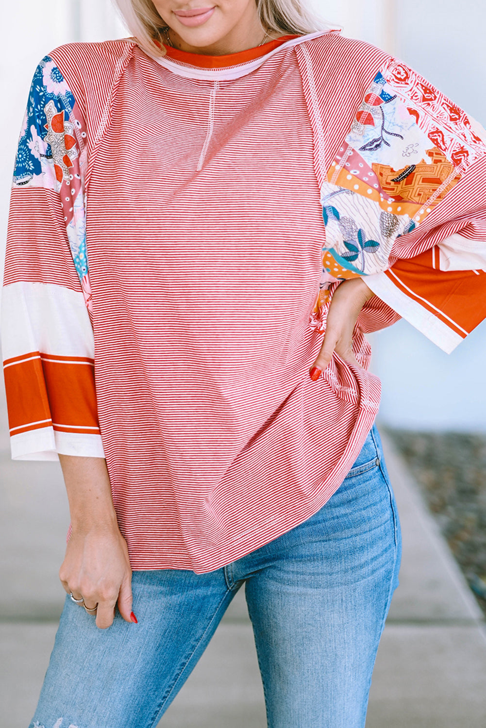 Fiery Red Pinstriped Color Block Patchwork Oversized Top