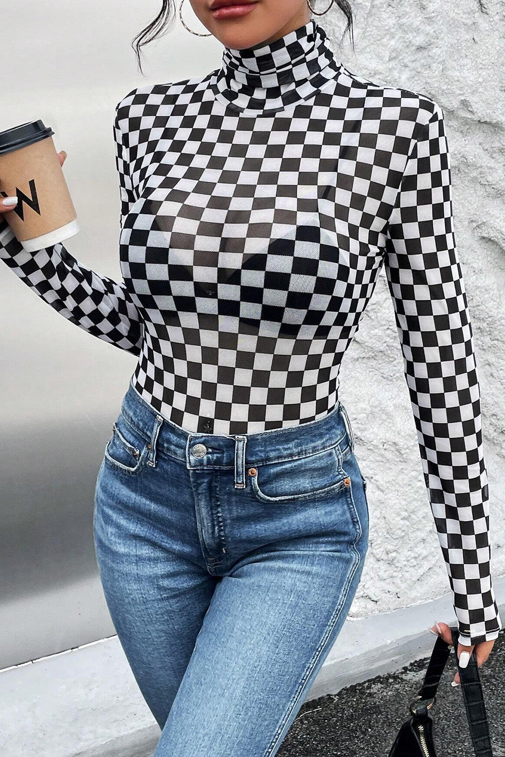 Black Checkered Printed Long Sleeve High Neck Bodysuit