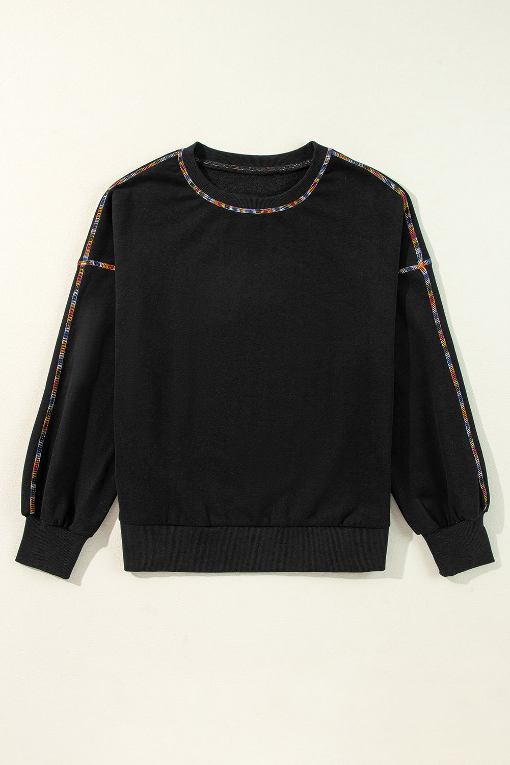 Black Contrast Rainbow Trim Drop Shoulder Pullover Sweatshirt