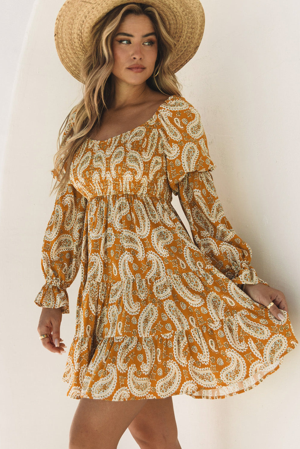 Yellow Boho Paisley Long Sleeve Floral Dress