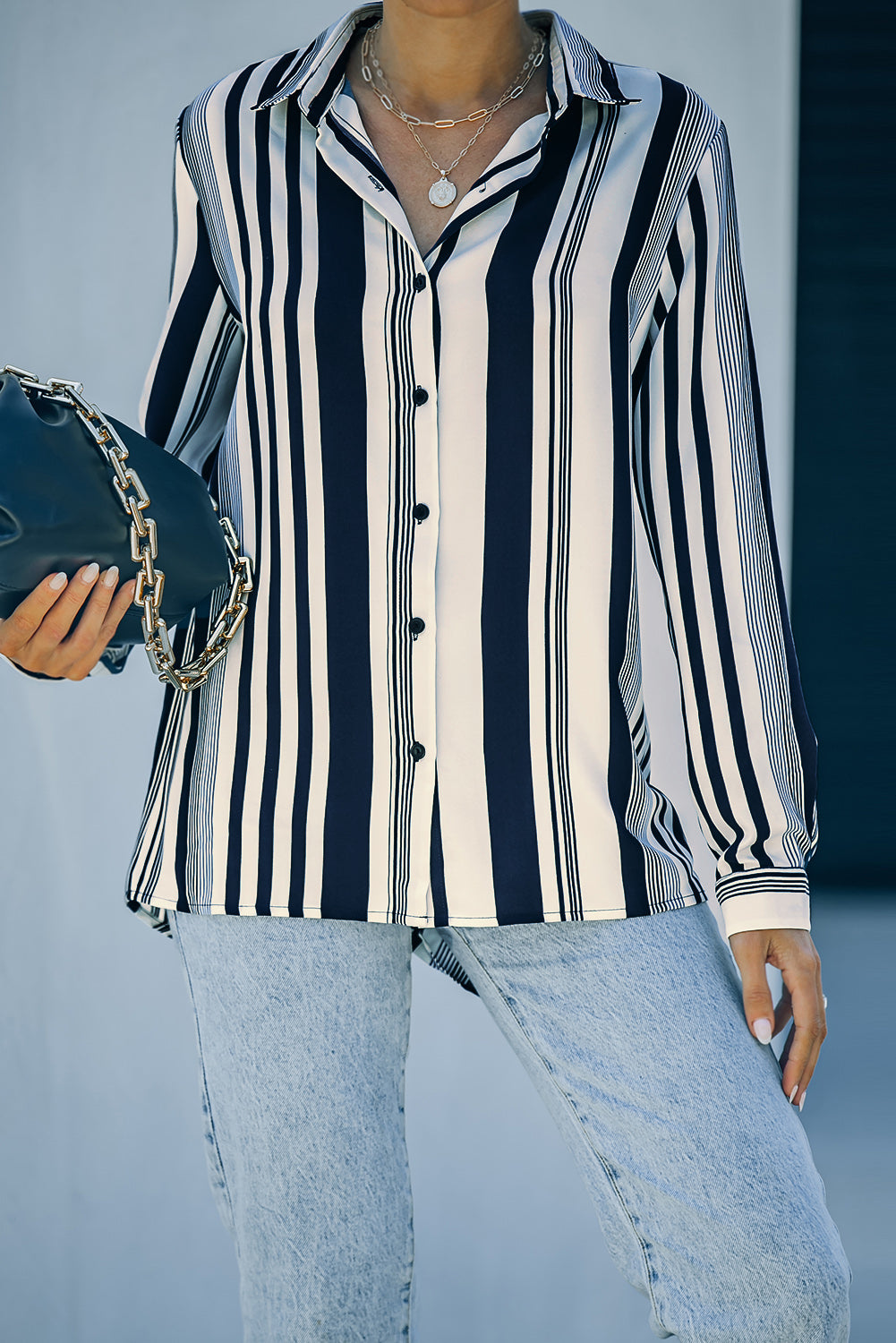 White Navy Striped Modern Women Shirt