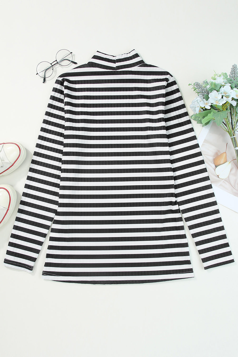 Black Striped Print Textured Knit Long Sleeve Tee