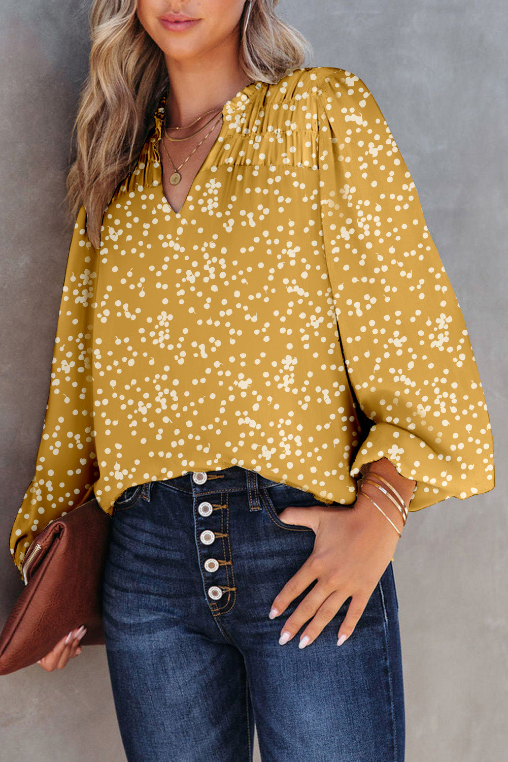 Yellow Split Neck Fall Printed Crinkled Blouse