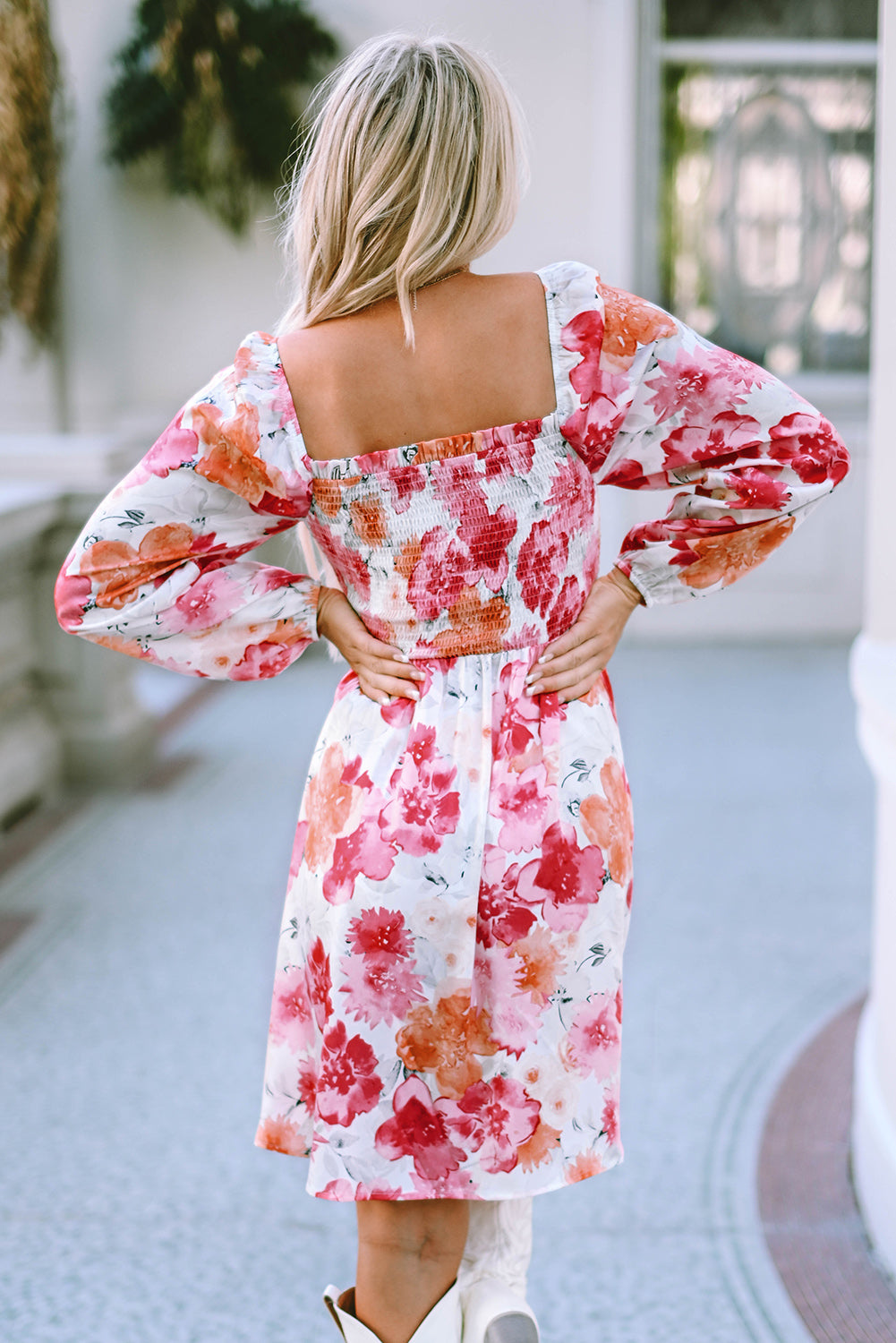 White Floral Print Smocked Puff Sleeve Mini Dress