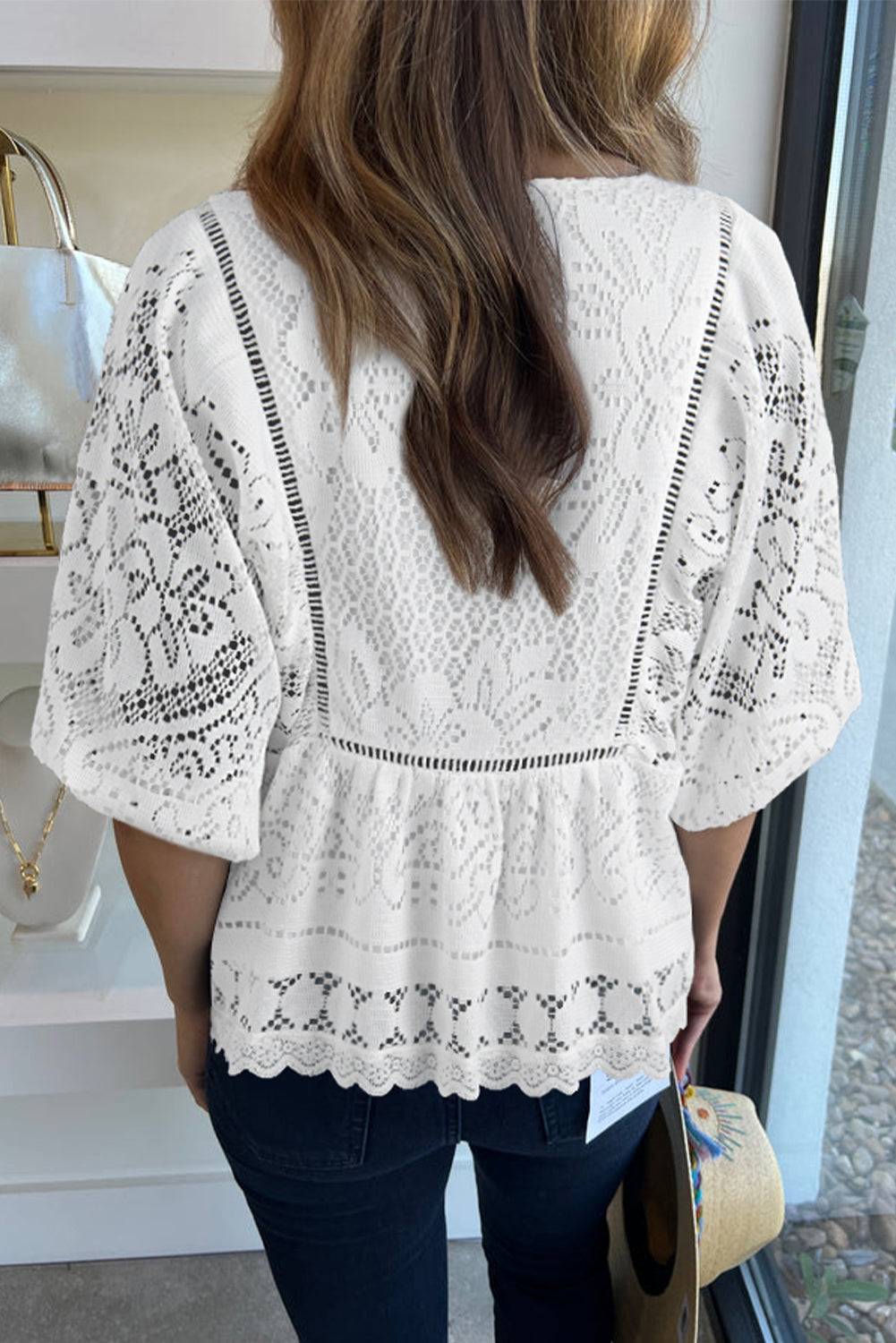 White Lace Crochet Hollowed Scallop Hem V Neck Blouse