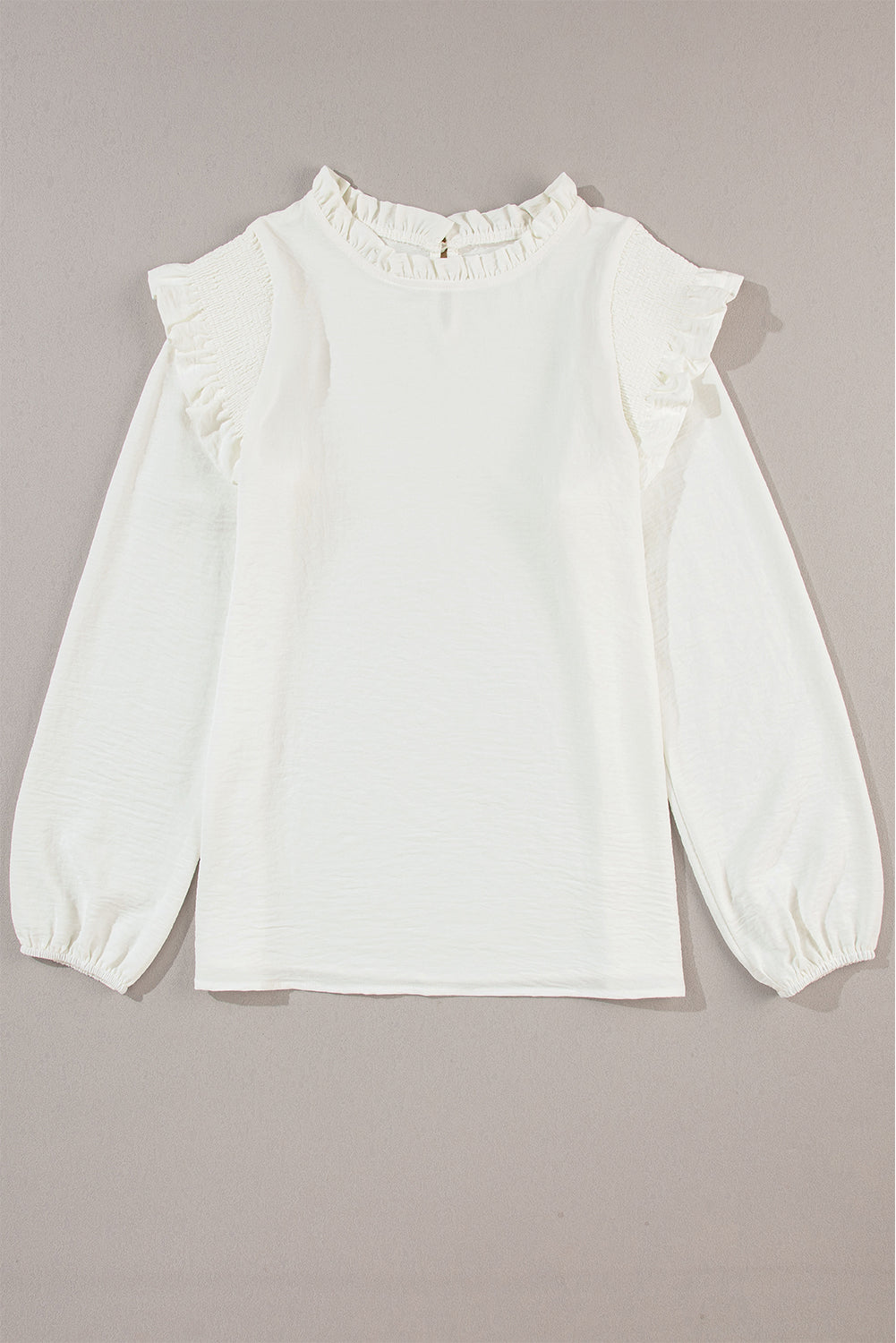 White Frilled Neck Ruffled Trim Bubble Sleeve Blouse