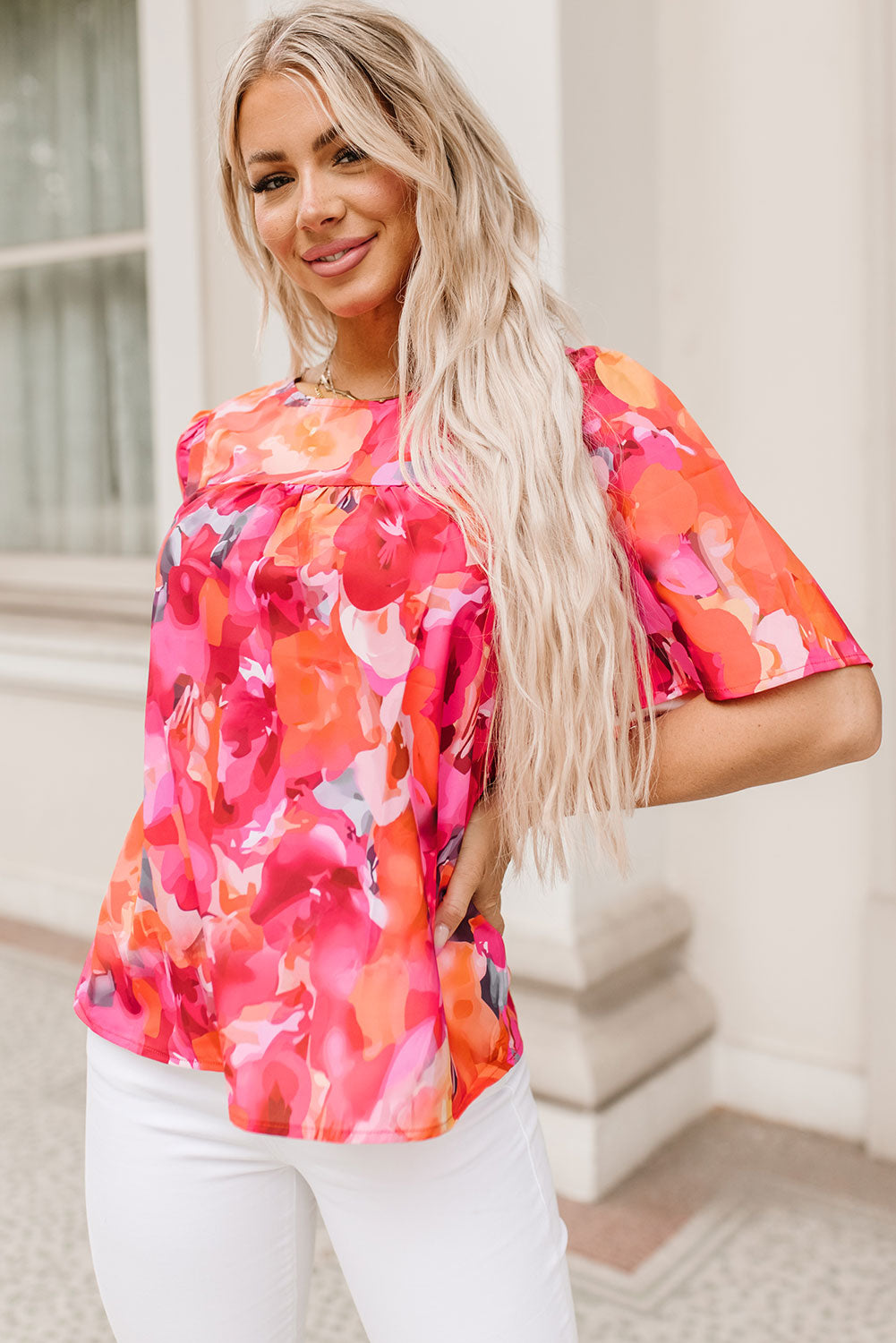 Fiery Red Floral Print Wide Sleeve Blouse