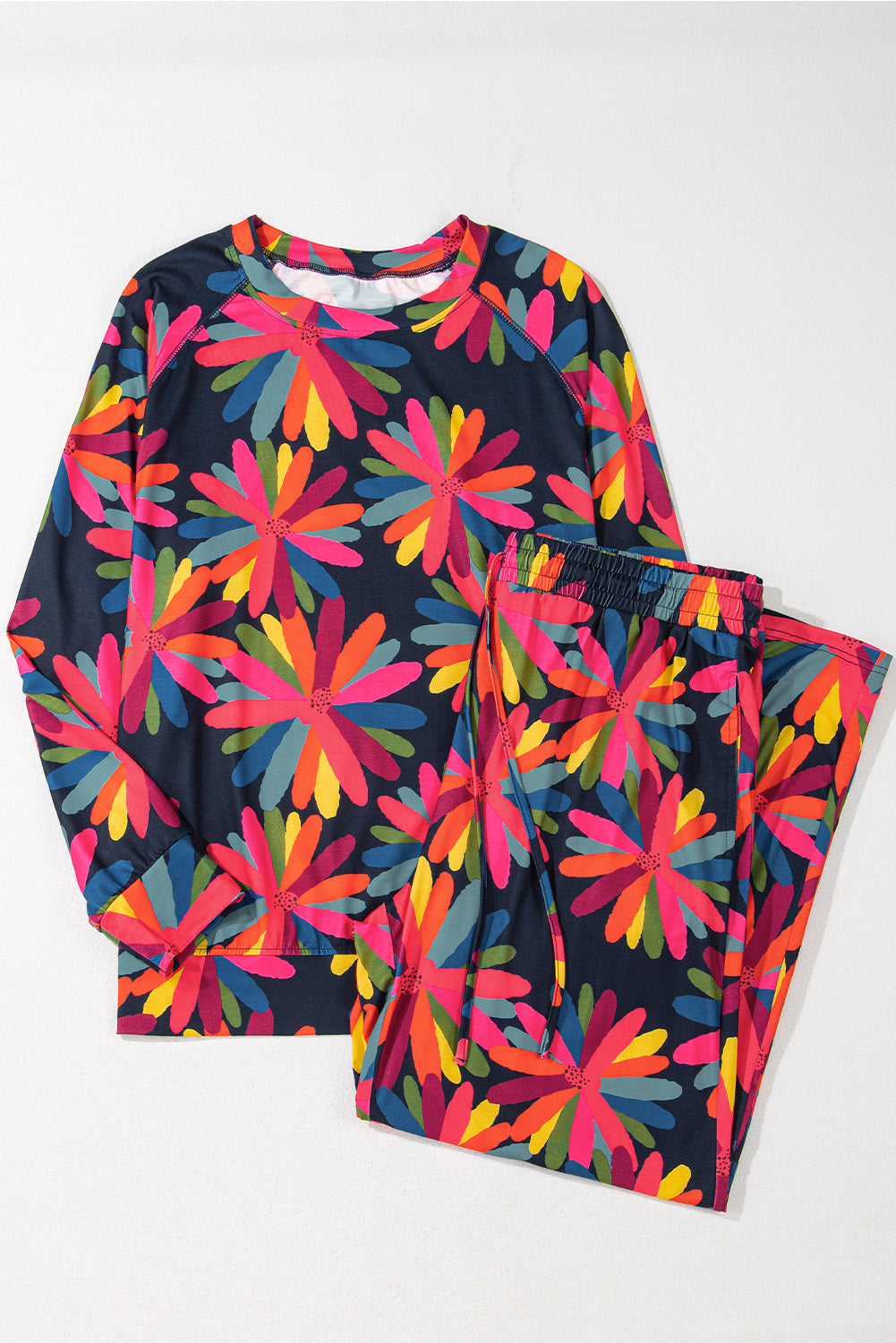 Black Plus Size Printed Long Sleeve and Pants Lounge Set