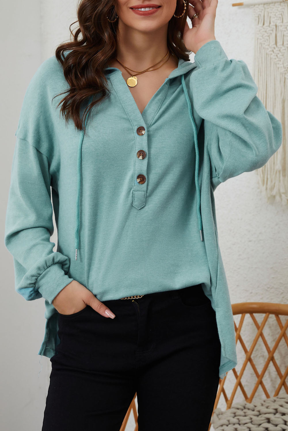 Buttoned High and Low Hem Hoodie