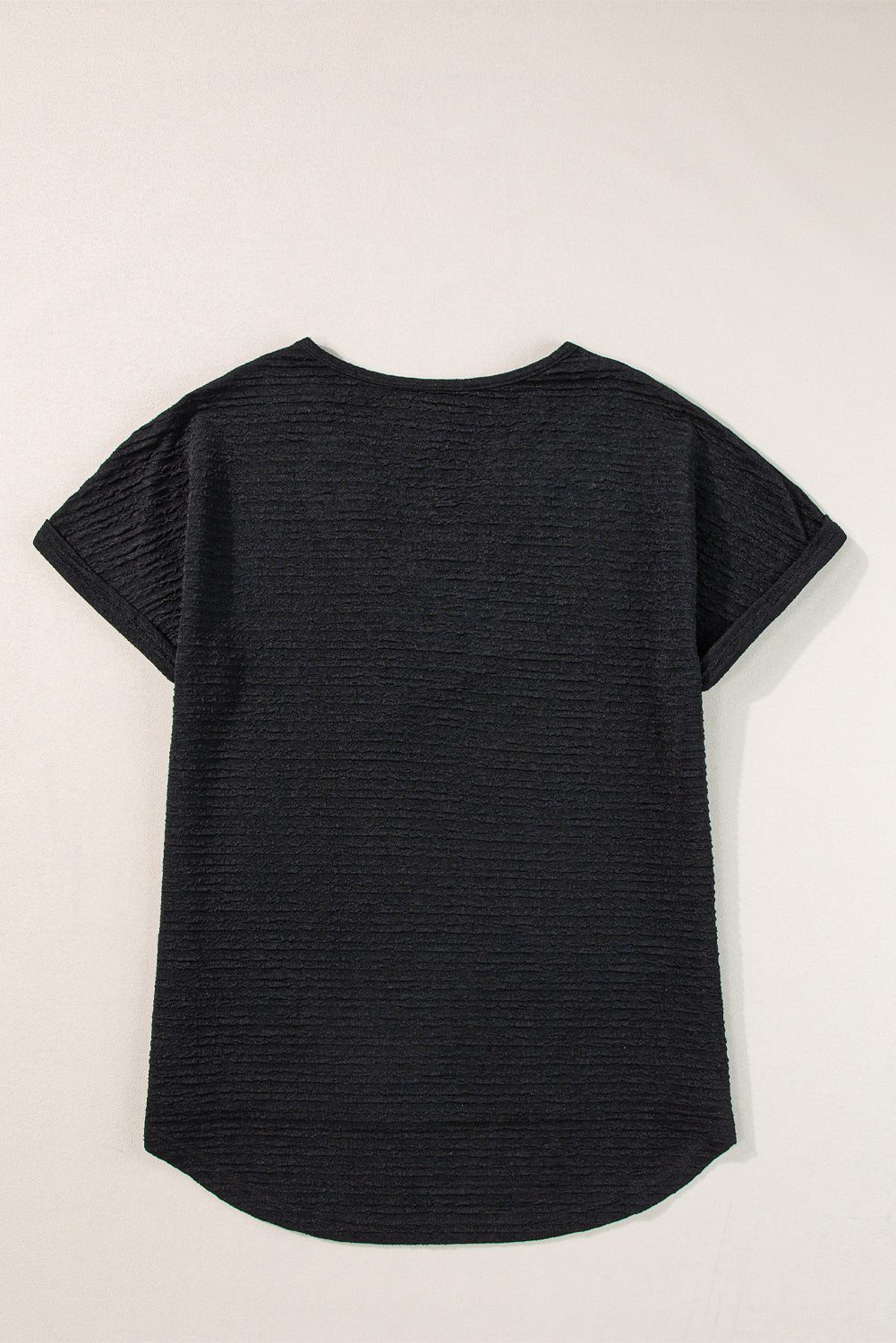 Black Textured Wide Sleeve V Neck T Shirt