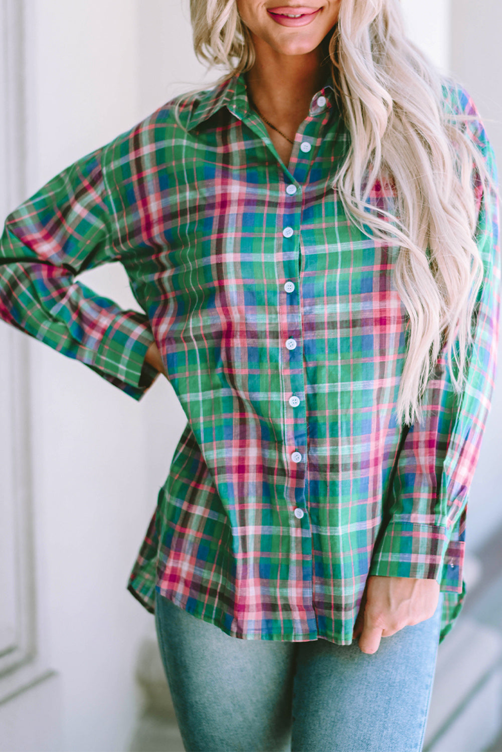 Green Plaid Long Sleeve Button Down Split Shirt