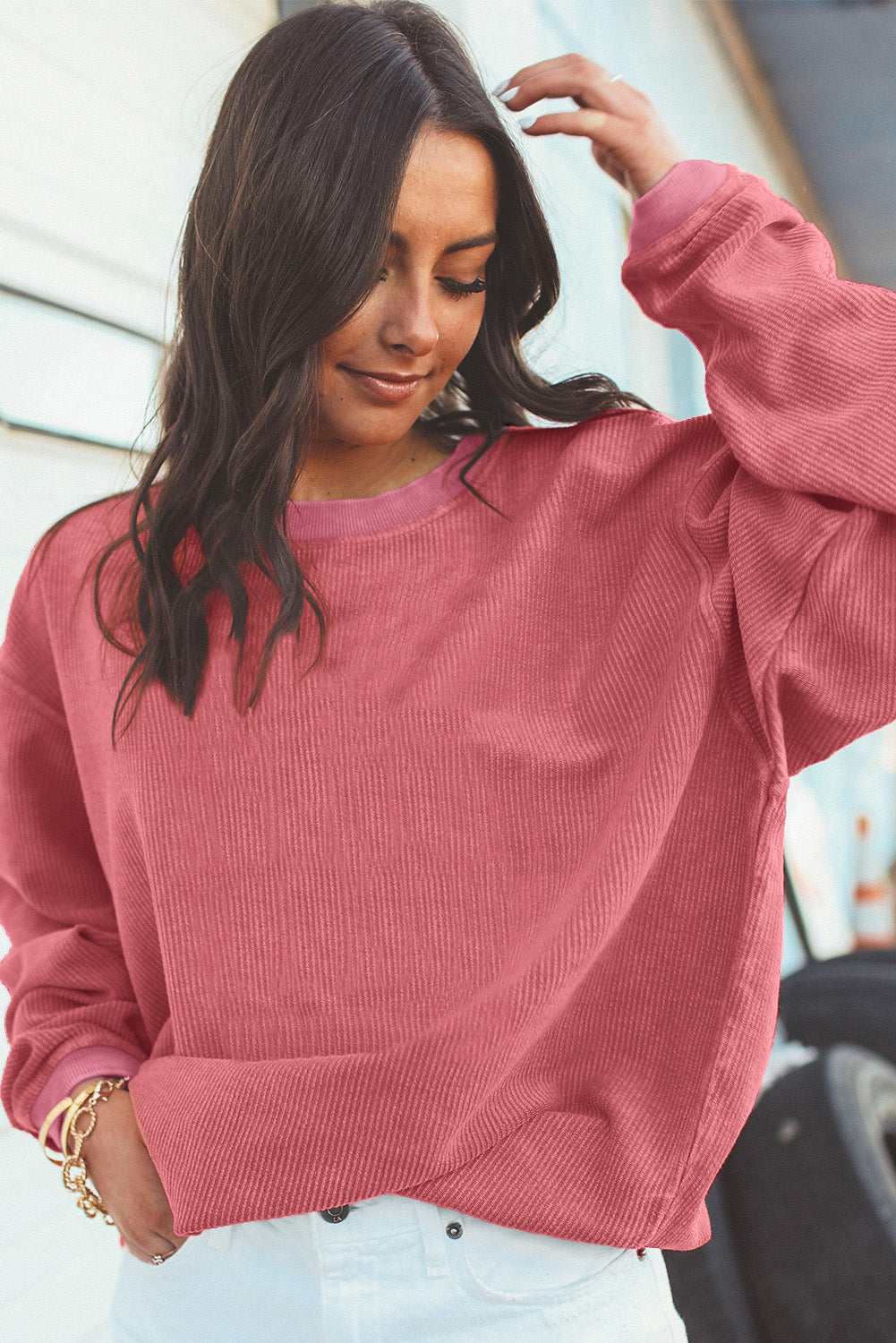 Strawberry Pink Ribbed Corduroy Oversized Sweatshirt