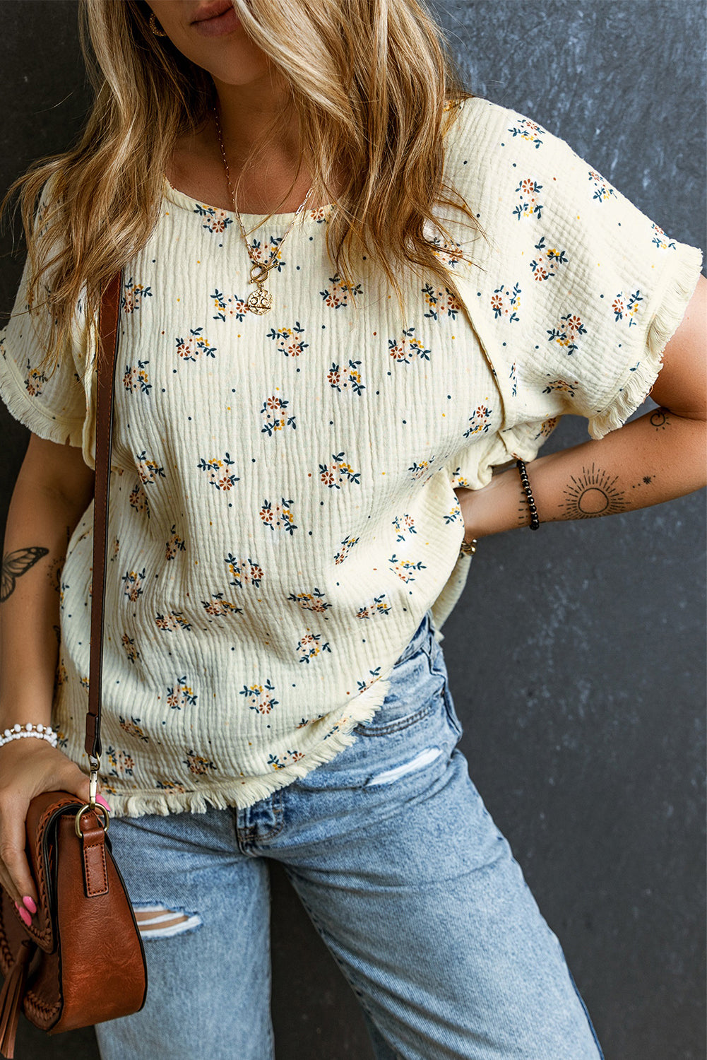 Beige Floral Detail Fringe Trimming Textured Top