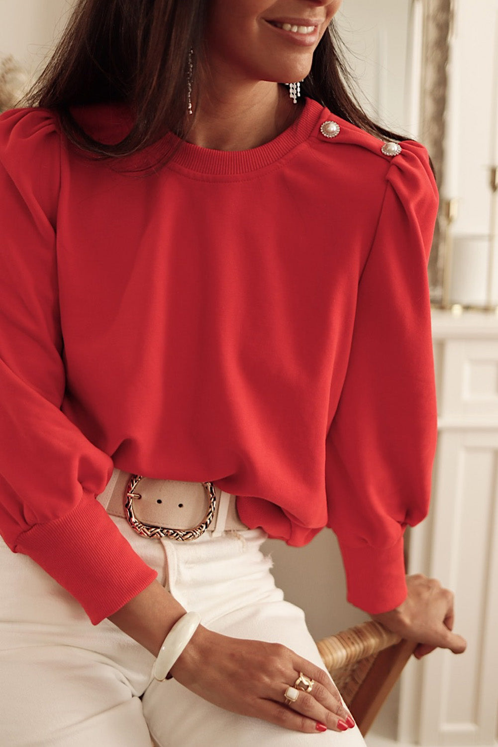 Fiery Red Button Tab Detail Long Sleeve Top