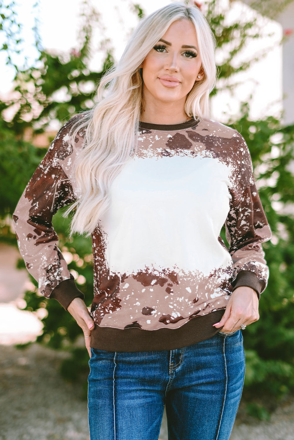 Brown Bleached Tie Dye Leopard Print Long Sleeve Top