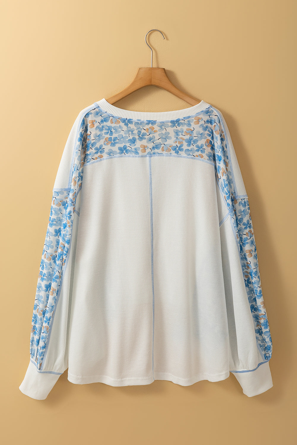 White Abstract Floral Patchwork Batwing Sleeve V Neck Blouse