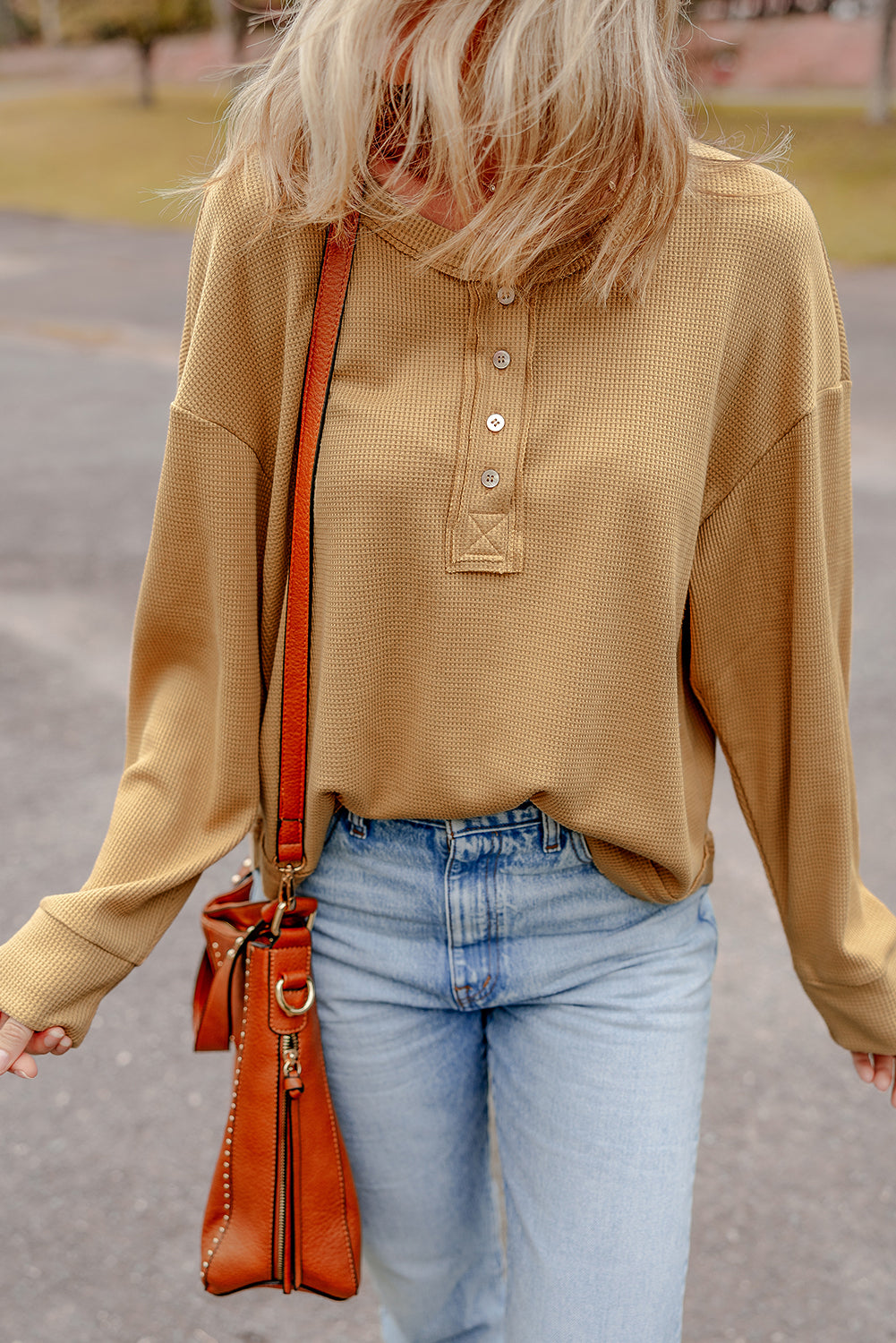 Camel Textured Knit Half Button Drop Shoulder Oversized Top