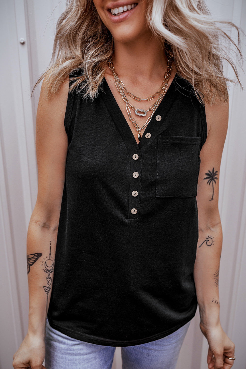 Black Half Button V Neck Patched Pocket Tank Top