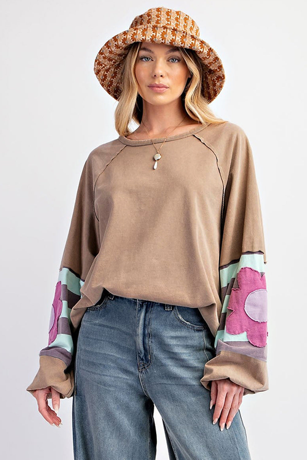 Dune Flower Patchwork Raglan Sleeve Exposed Seam Oversized Top