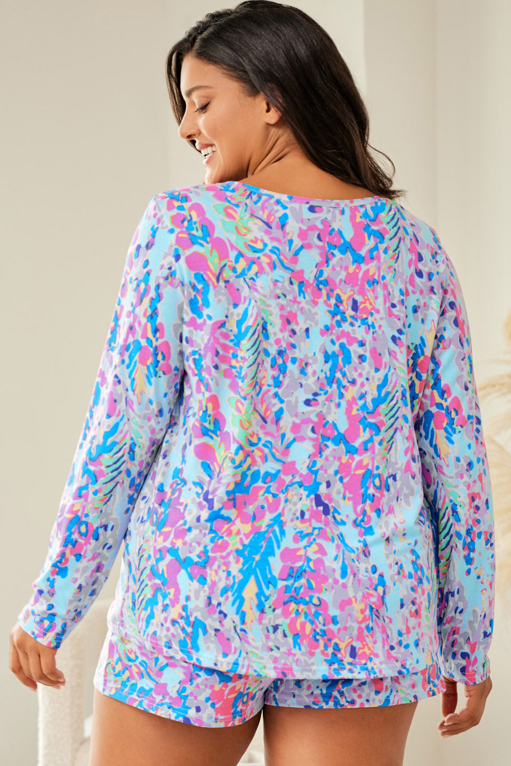 Sky Blue Plus Size Floral Print Long Sleeve and Shorts Lounge Outfit