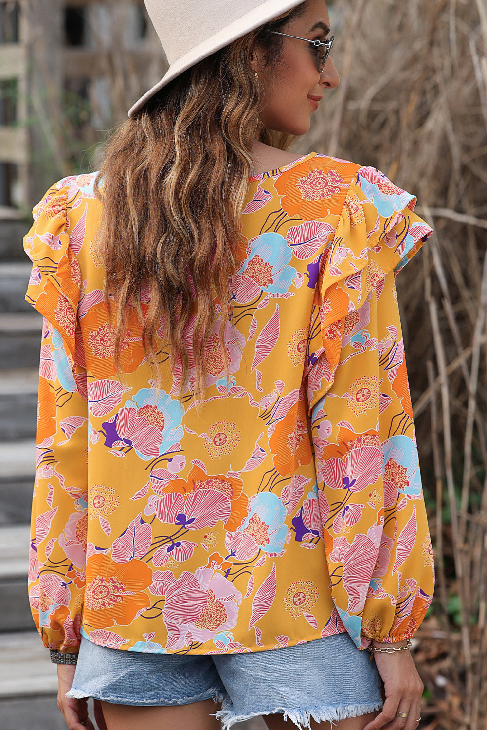 Ginger Floral Print Ruffle Puff Sleeve Blouse