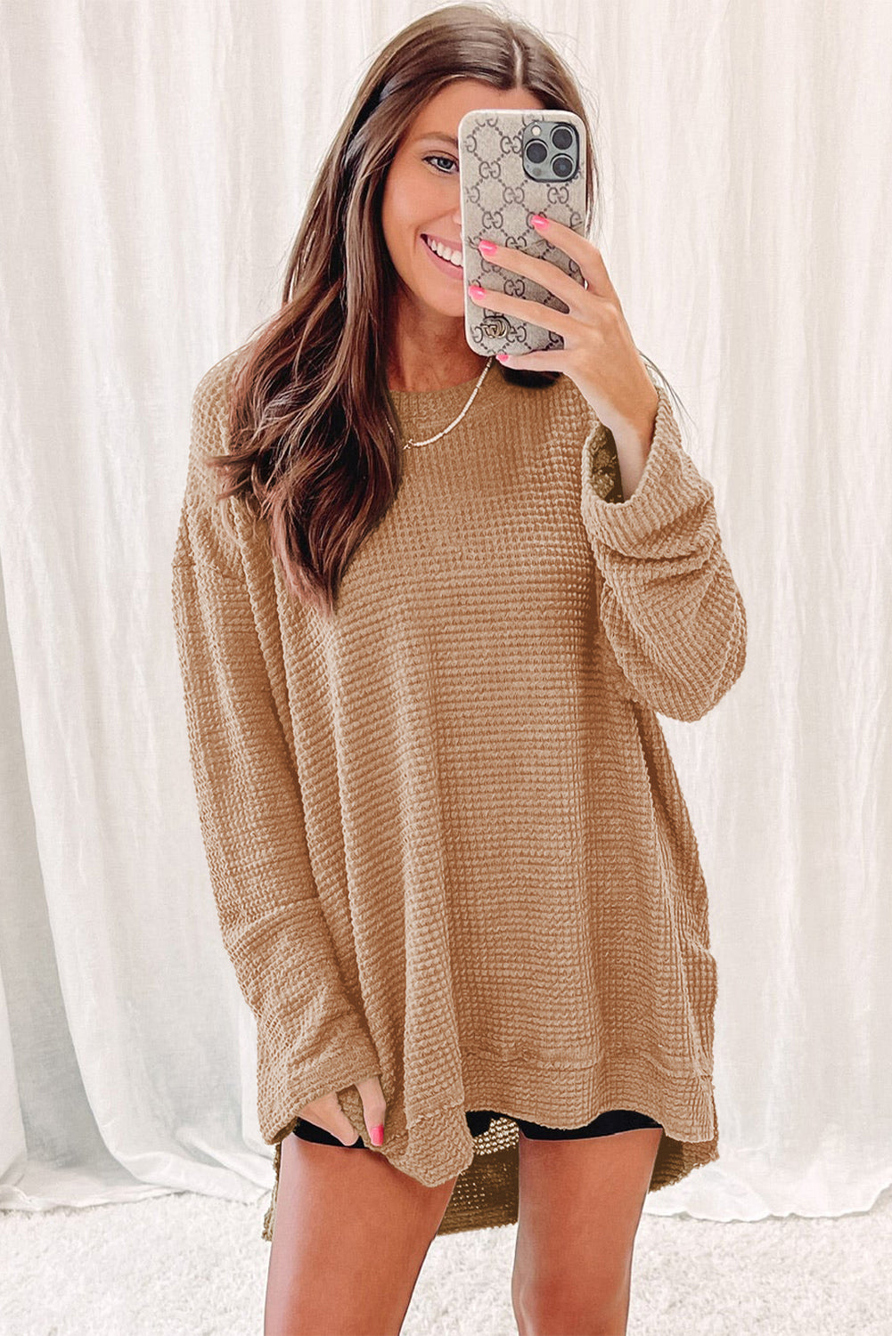 Khaki Waffle Knit High Slits Oversized Top