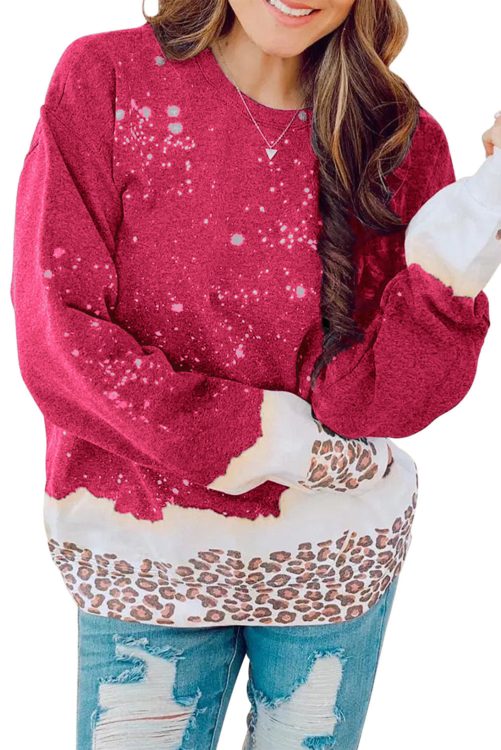 Fiery Red Leopard Bleached Pullover Sweatshirt