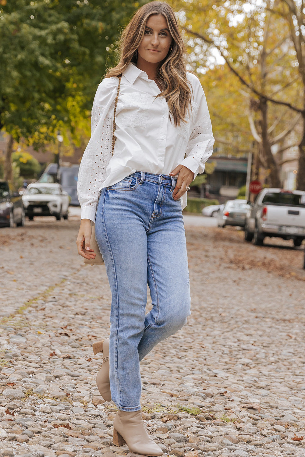 White Lace Patch Chest Pocket Button-Up Shirt