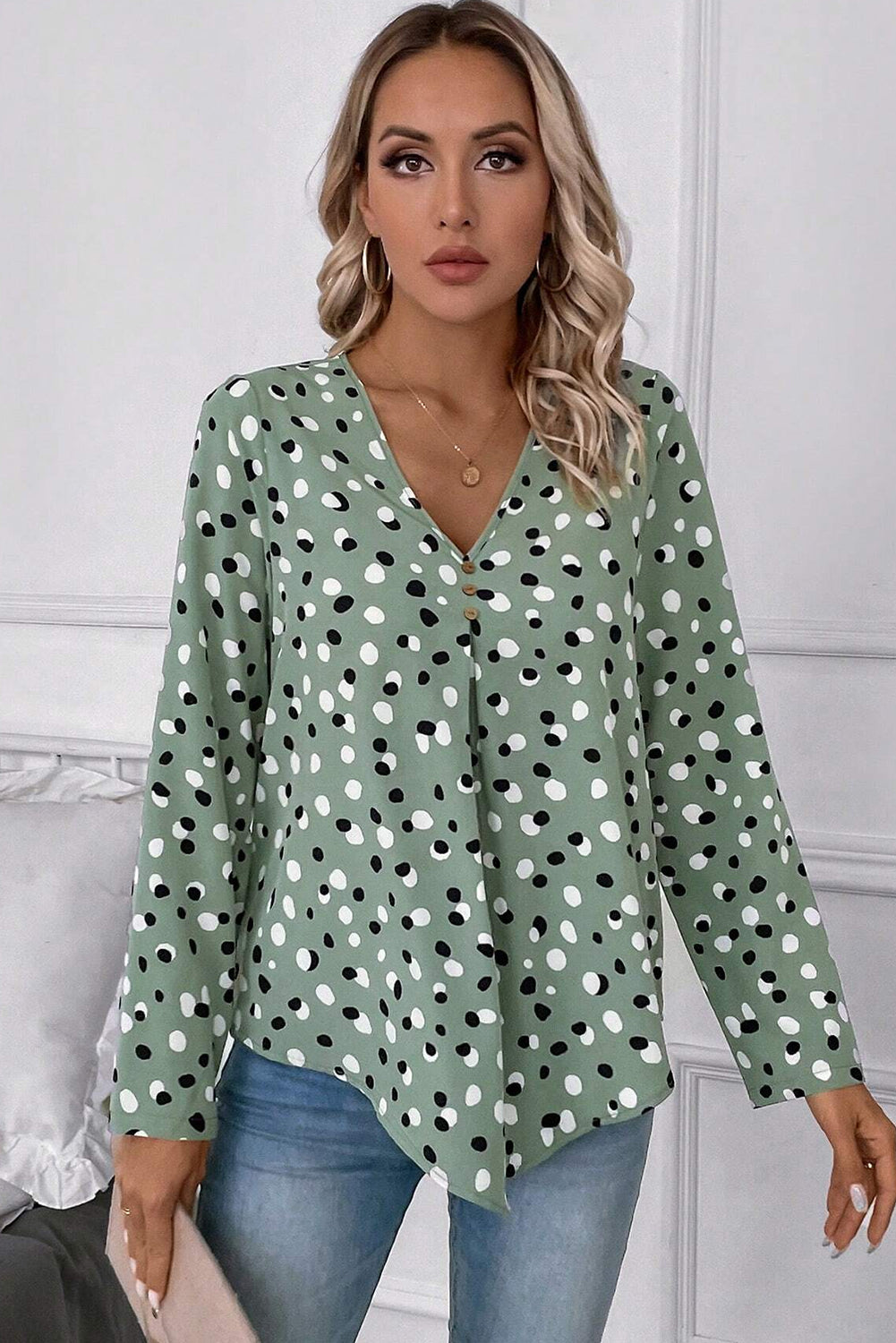 Green Polka Dot Print Button Front V Neck Blouse