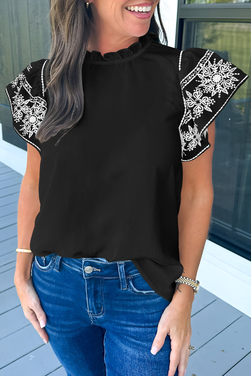 Black Embroidered Ruffled Sleeve Frilled Collar Blouse