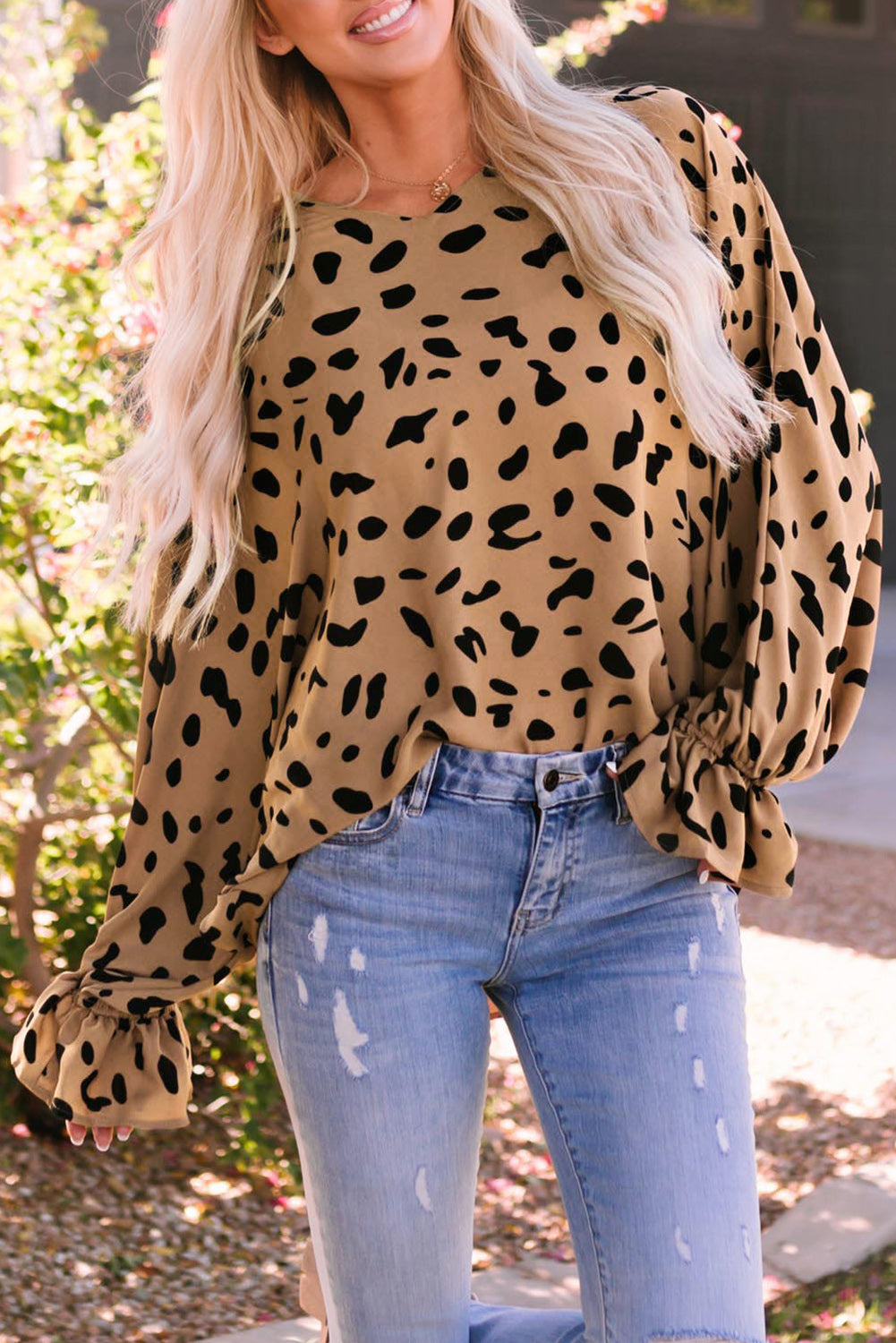 Leopard V Neck Ruffled Cuffs Loose Blouse