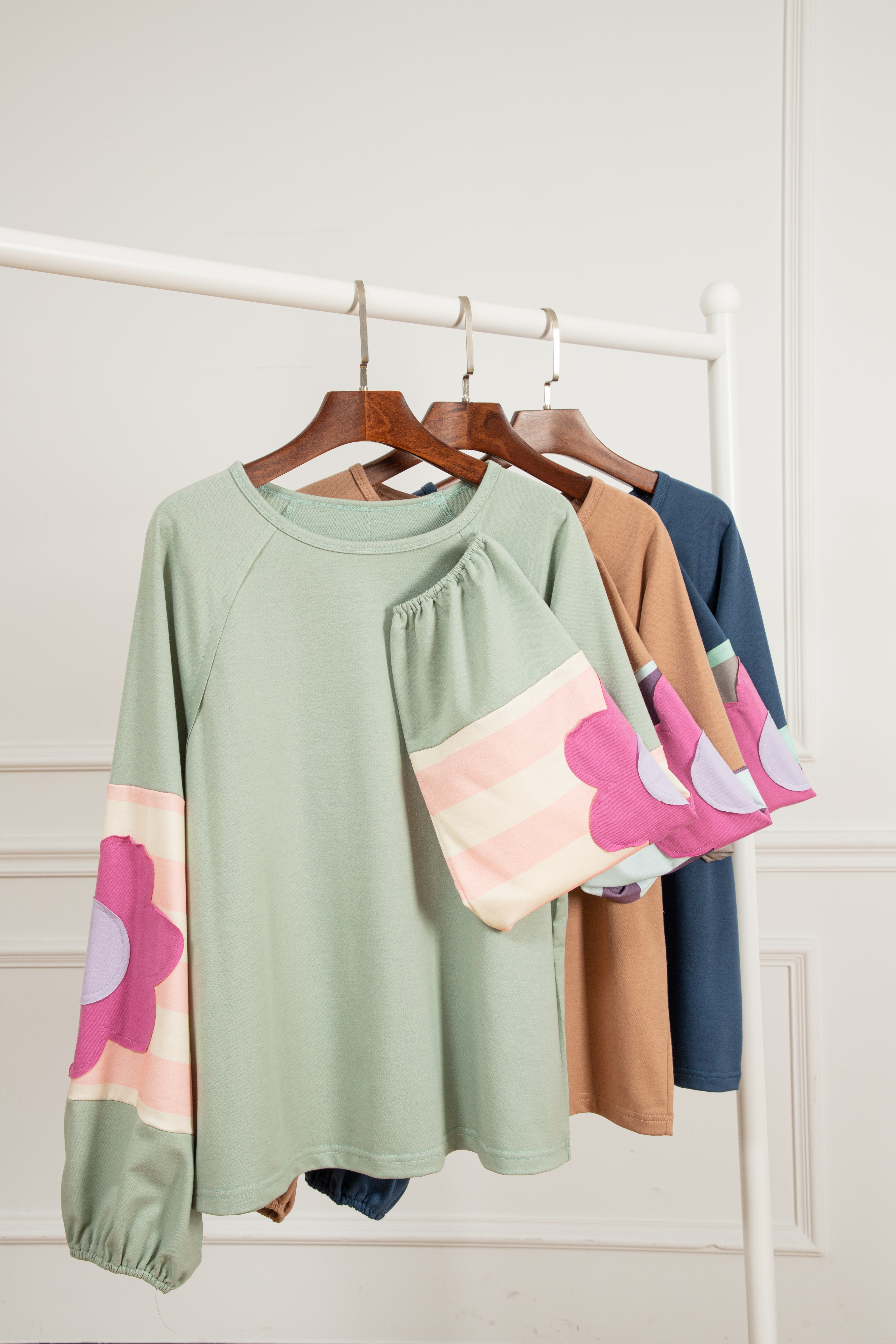 Dune Flower Patchwork Raglan Sleeve Exposed Seam Oversized Top