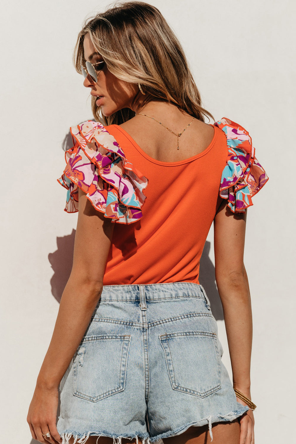 Orange Ribbed Knit Tiered Ruffled Sleeve Bodysuit