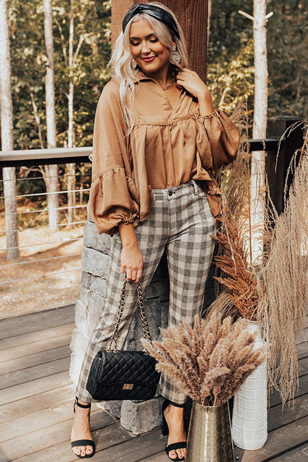 Brown Puff Sleeve Collared Pleated Babydoll Blouse