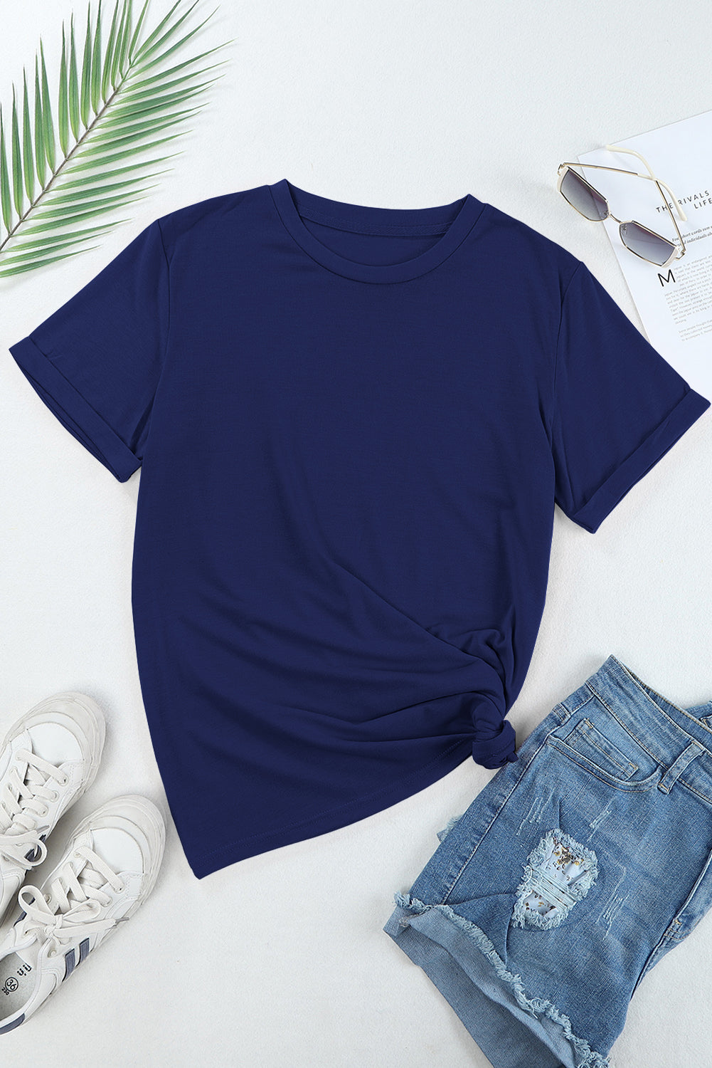 Blue Casual Plain Crew Neck Tee