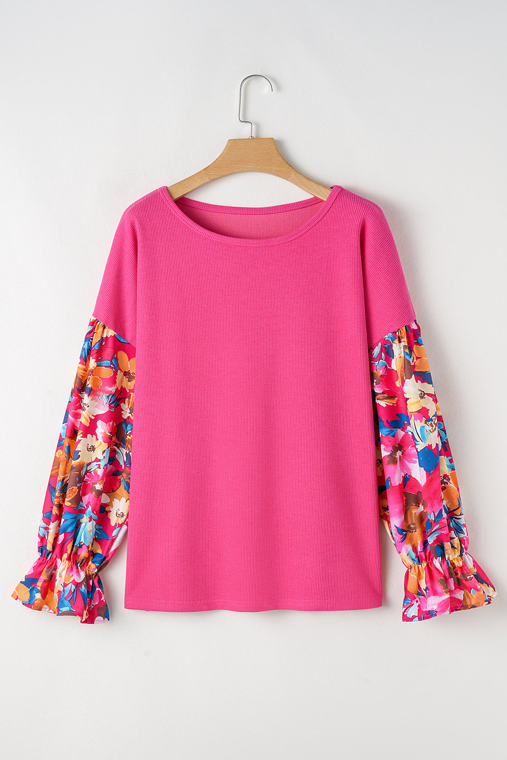 Bright Pink Floral Patchwork Flounce Sleeve Rib Knit Plus Top