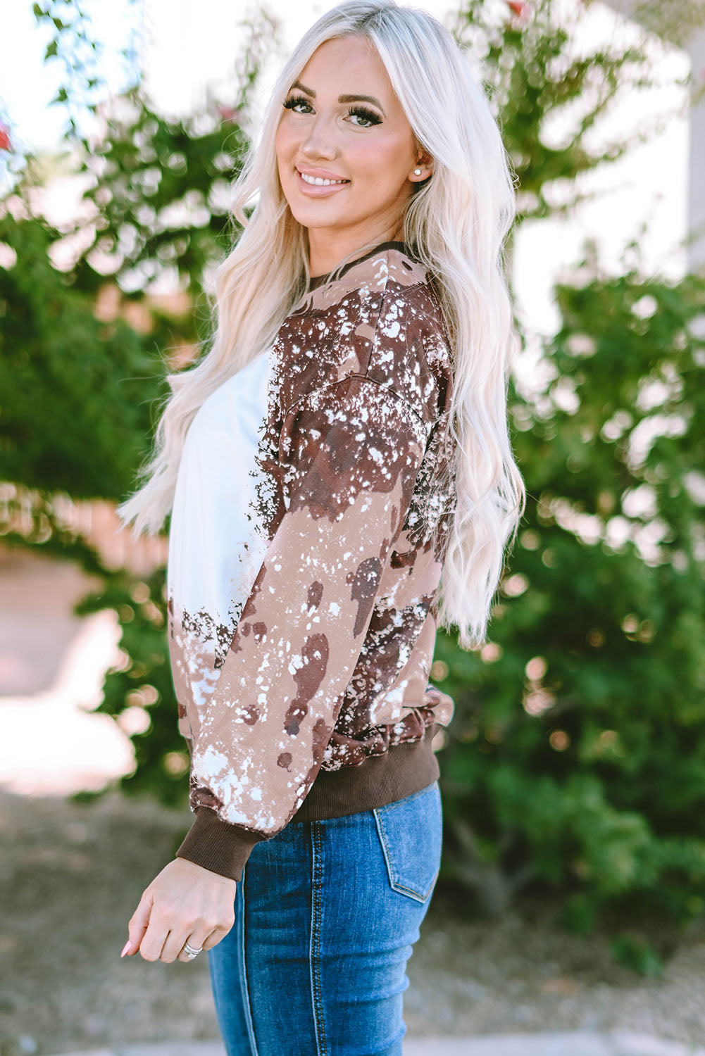 Brown Bleached Tie Dye Leopard Print Long Sleeve Top