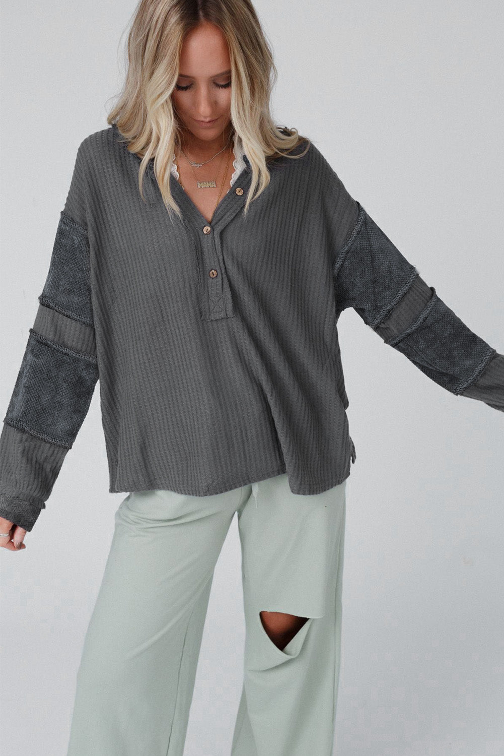 Gray Contrast Patched Exposed Seam Waffle Knit Henley Top